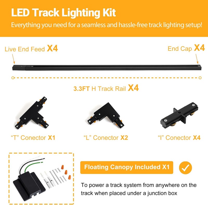 TuyuBEE 13FT H Track Lighting Rails Kit with Floating Canopy Connector, Black H Type Track Rails with End Caps, Live End Feed and T L Connector, Compatible with Single Circuit H Style Track System - Image 2